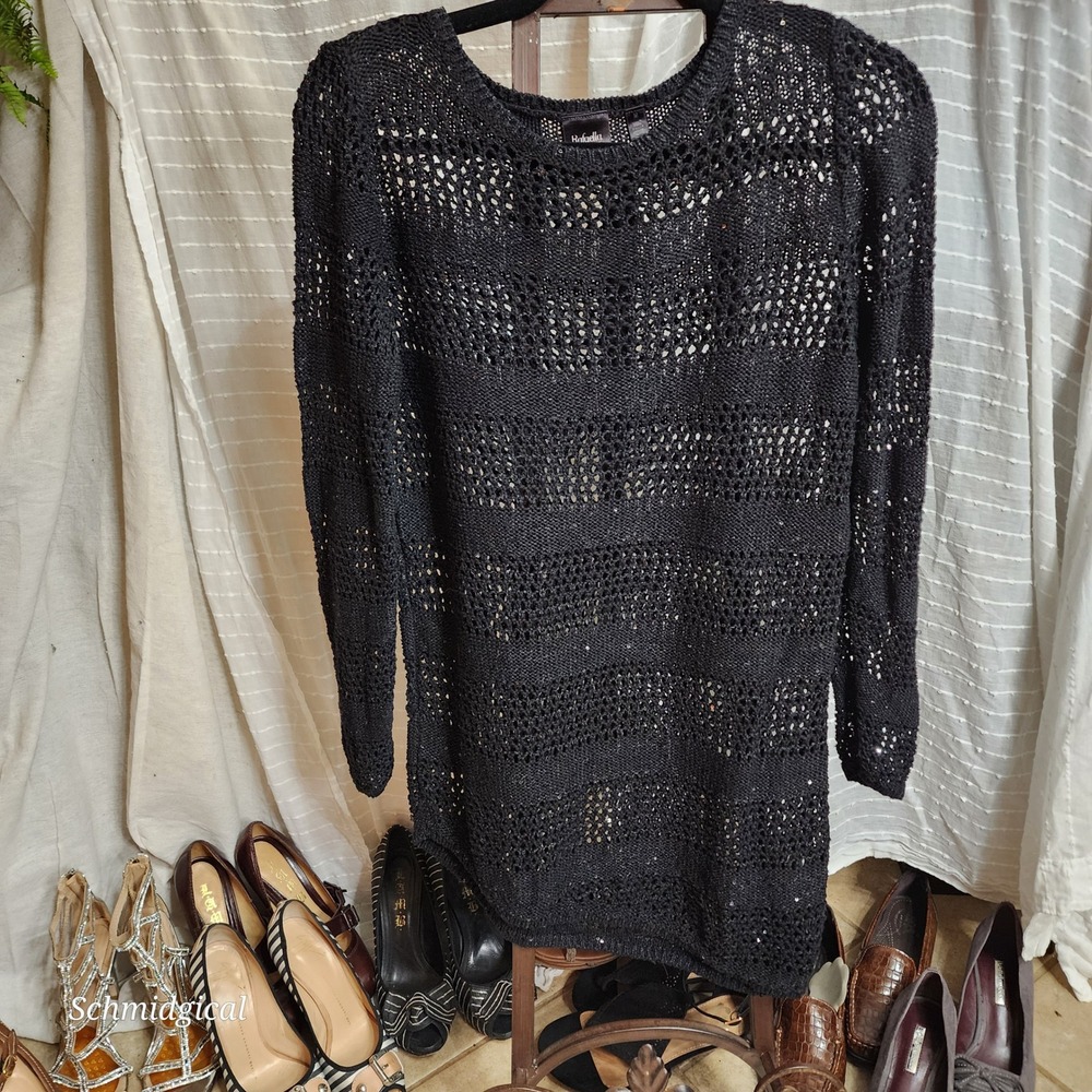 Rafaella Womens Black Open Knit Sequin Sweater Long Sleeve Crochet Top Medium